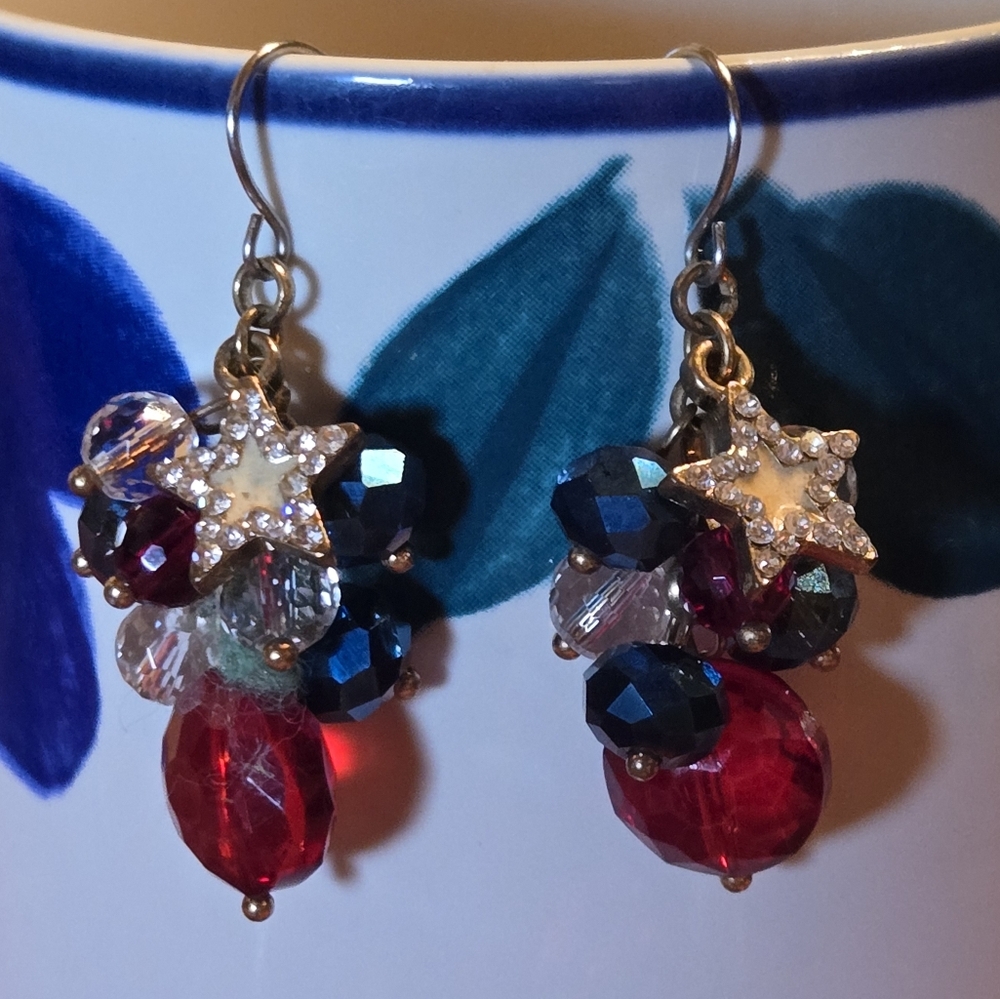 Star Red Clear and Blue Cluster Dangle Earrings 1 3/4" X 3/4"